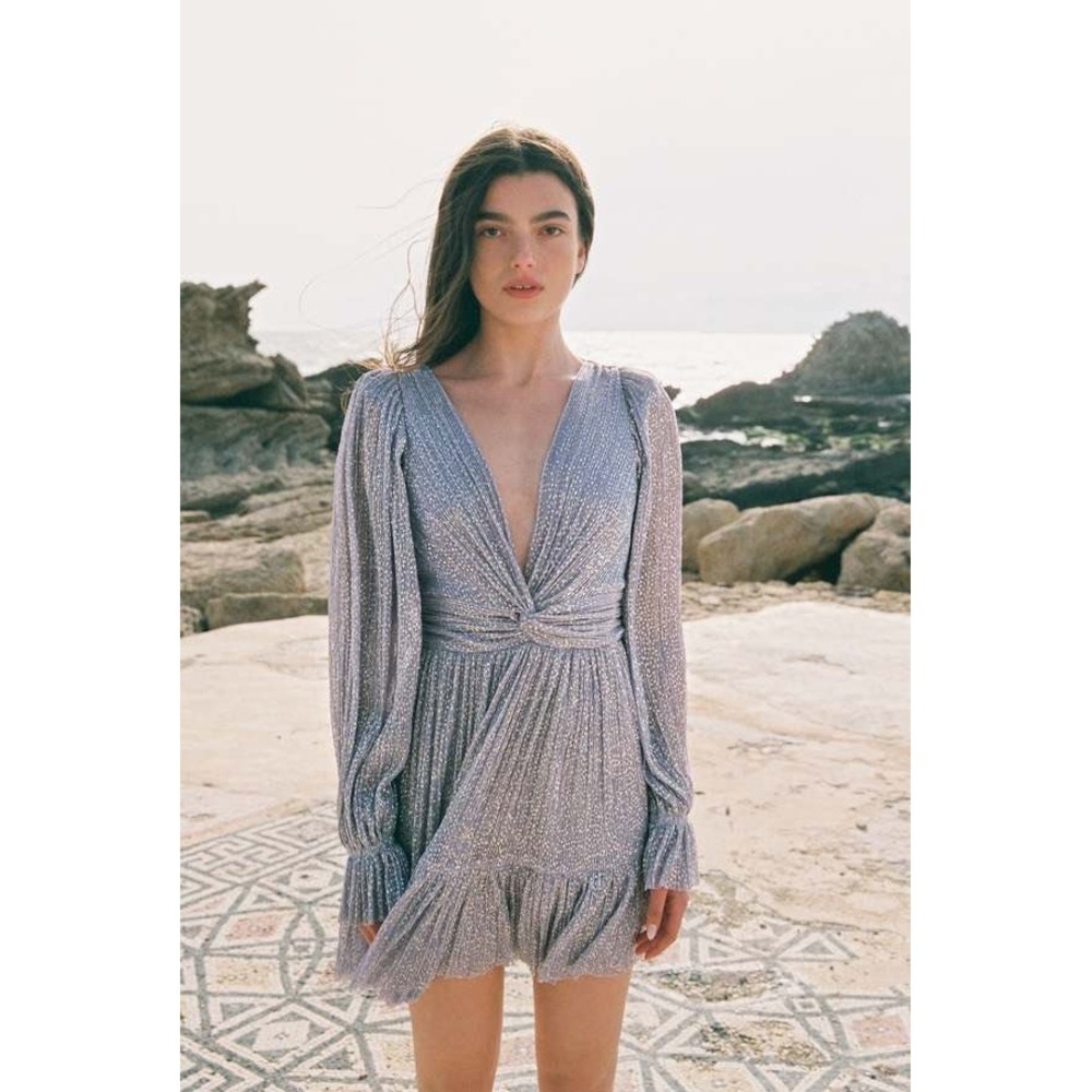 Sabina Musayev Mars Mini Dress‎ Lavender Gold Dot Pleated Size Small